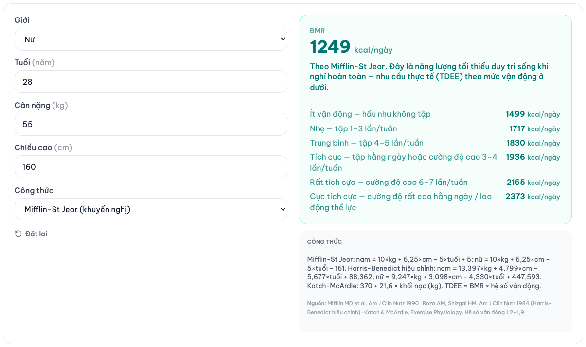 Công cụ tính BMR trên Chiaseyhoc: nữ 28 tuổi, 55 kg, 160 cm theo Mifflin-St Jeor cho BMR 1249 kcal mỗi ngày kèm bảng TDEE theo sáu mức vận động